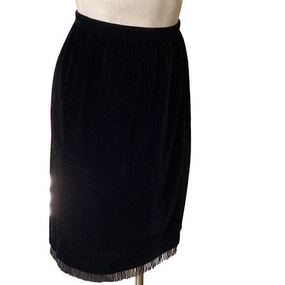 Vintage CLIO Velvet Bead-Fringed Hem Pencil Skirt Sz PS Black #173J - Picture 5 of 12